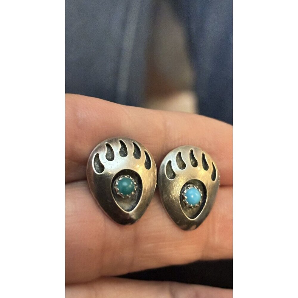 Native KINGMAN Silver 925 Turquoise Shadowbox Bear Claw Stud Earrings Protection